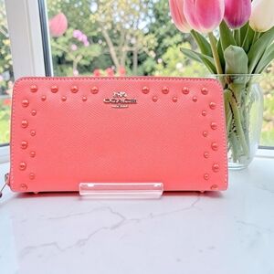 Authentic COACH Coral Pink Pebbled Leather Zip Around Wallet with Studs